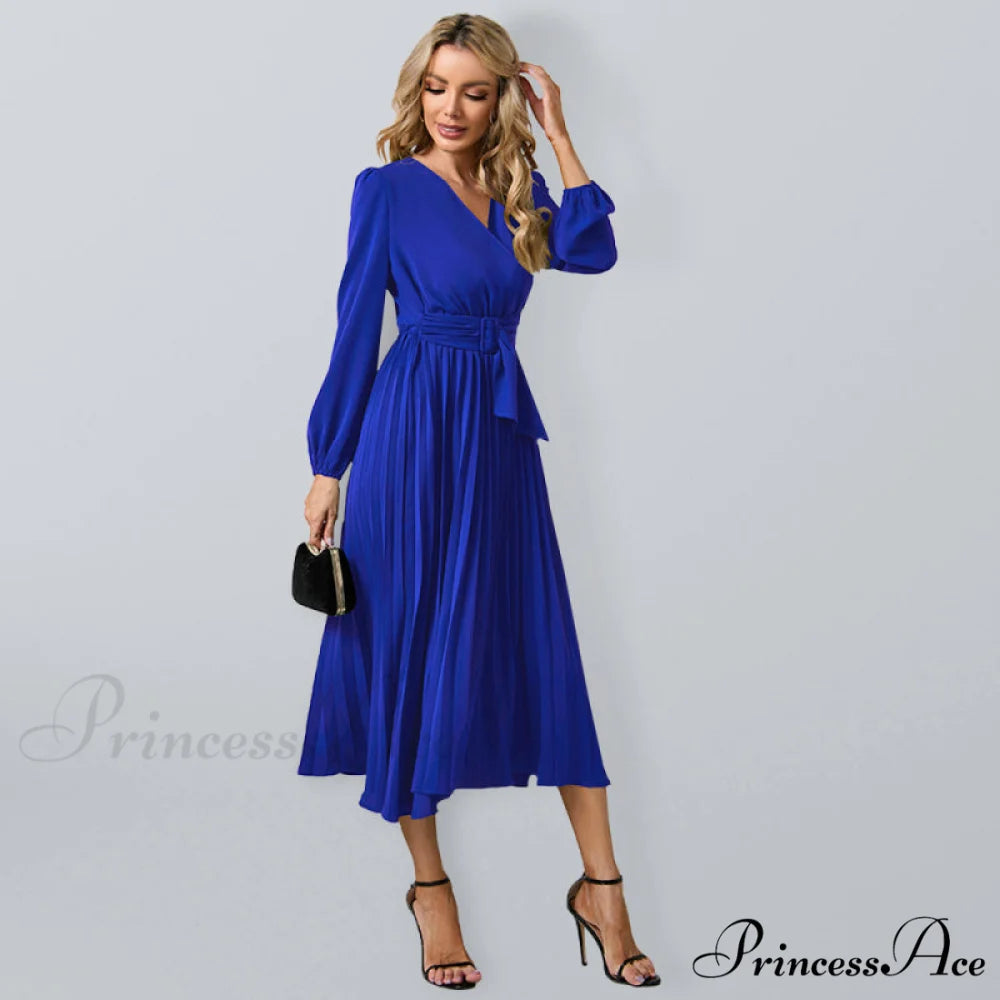 Full-Length Folded Belt Neck Long Waist Women’s at Gown and V with Faux-wrap Sleeves Blue / S