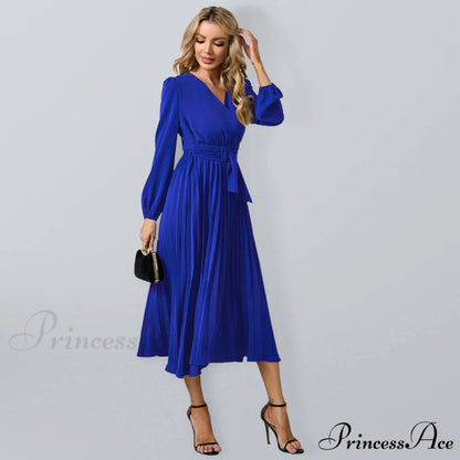 Full-Length Folded Belt Neck Long Waist Women’s at Gown and V with Faux-wrap Sleeves Blue / S