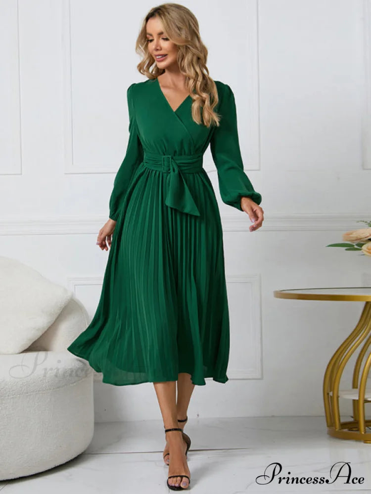 Full-Length Folded Belt Neck Long Waist Women’s at Gown and V with Faux-wrap Sleeves Green / S