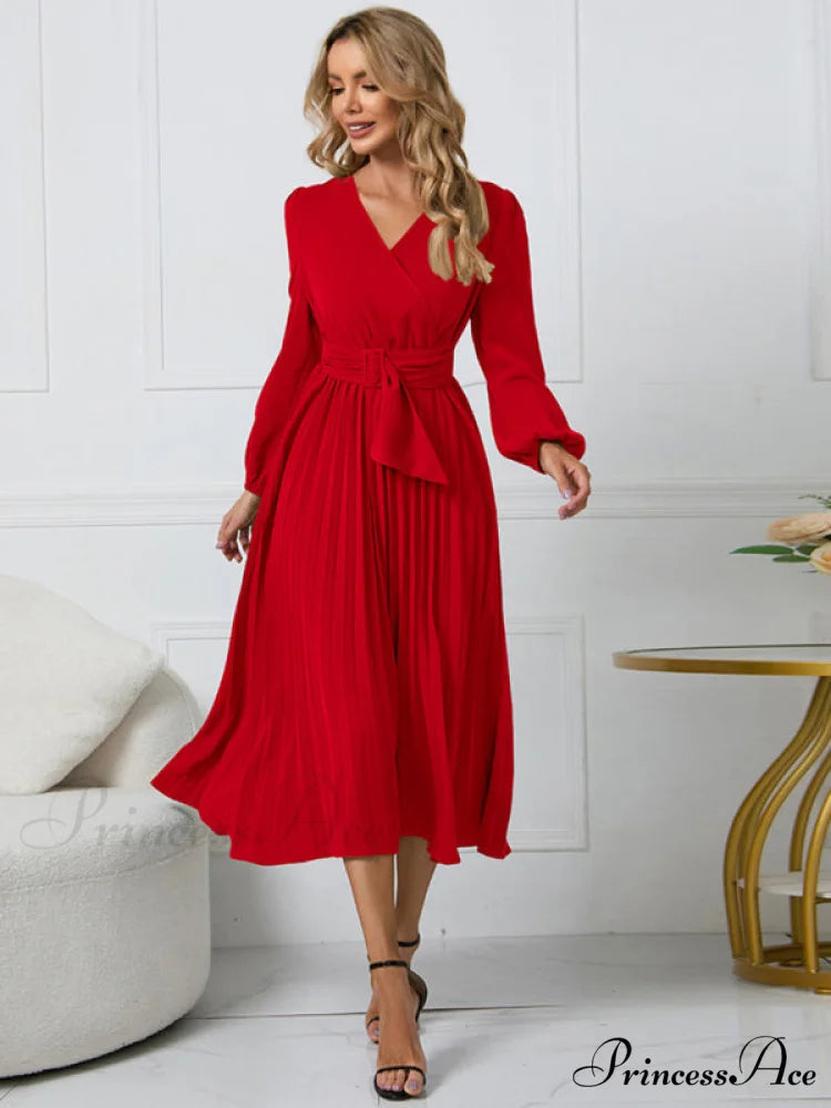 Full-Length Folded Belt Neck Long Waist Women’s at Gown and V with Faux-wrap Sleeves Red / S