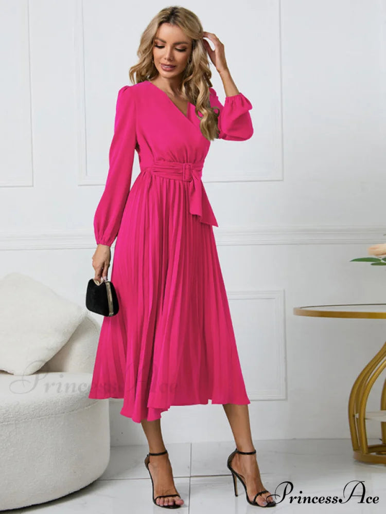 Full-Length Folded Belt Neck Long Waist Women’s at Gown and V with Faux-wrap Sleeves Rose Red / S