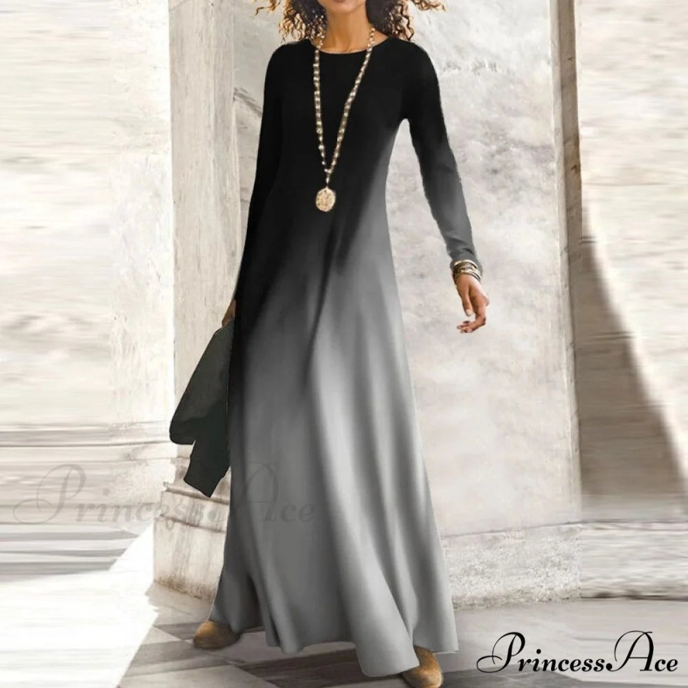 Full-Length Party Gown Long Gown Bohemian Neck Round Office Slim Lady Shiny Vintage Spring Dresses 03Gradient Gray / S