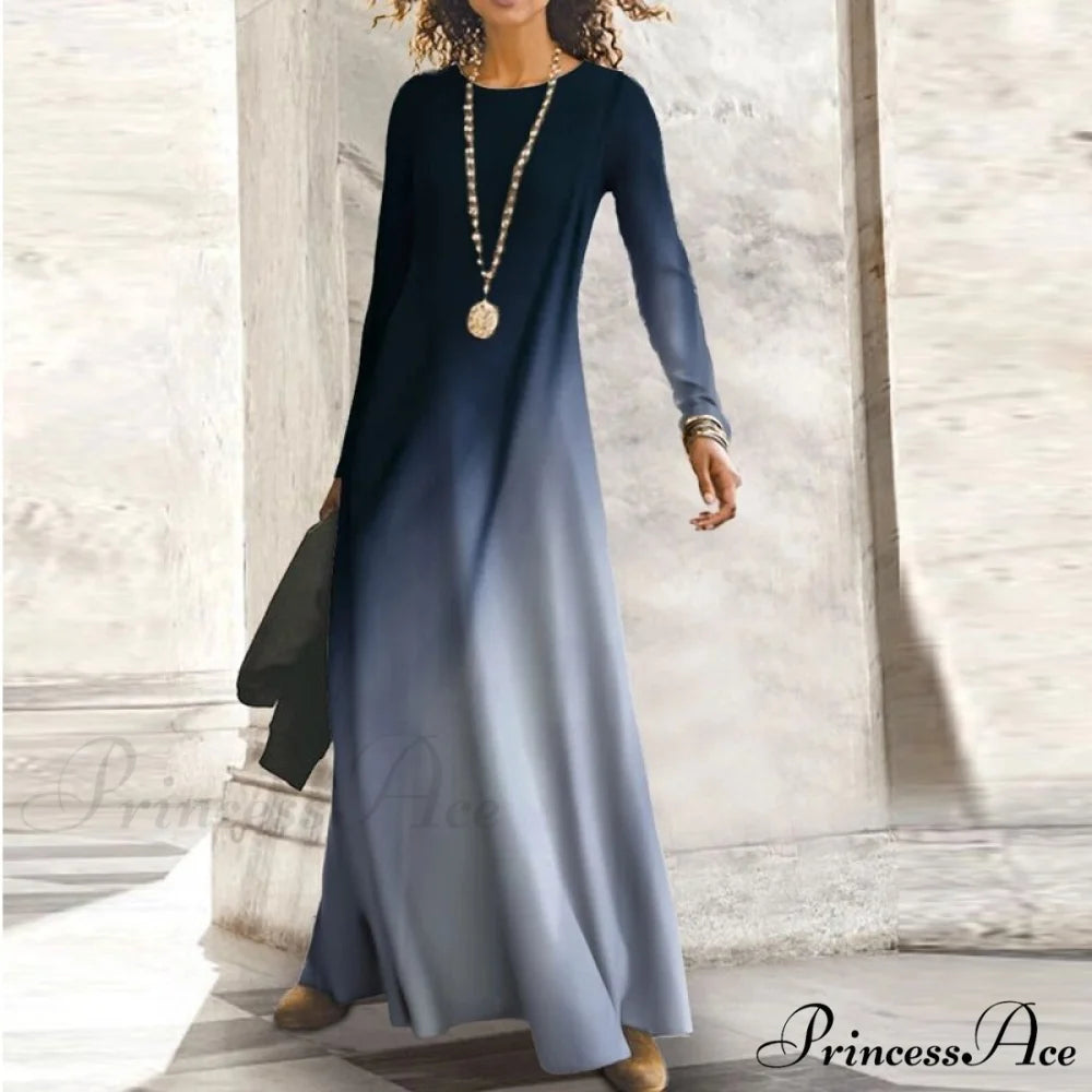 Full-Length Party Gown Long Gown Bohemian Neck Round Office Slim Lady Shiny Vintage Spring Dresses 05 Gradient Blue / S