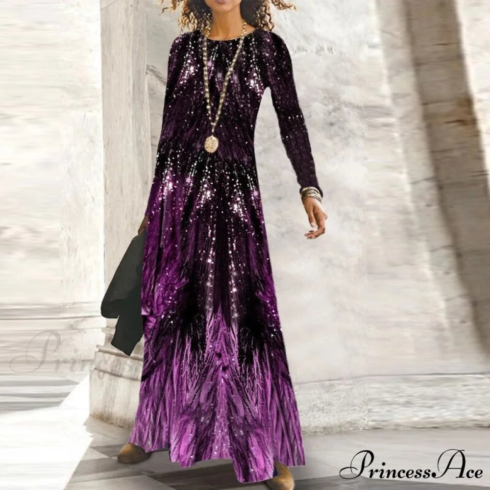 Full-Length Party Gown Long Gown Bohemian Neck Round Office Slim Lady Shiny Vintage Spring Dresses 13Purple / S