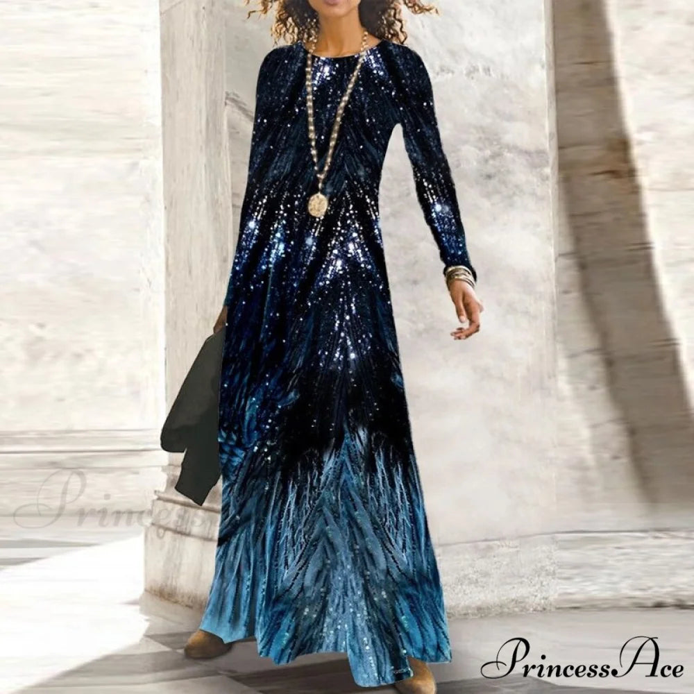 Full-Length Party Gown Long Gown Bohemian Neck Round Office Slim Lady Shiny Vintage Spring Dresses 14Blue / S