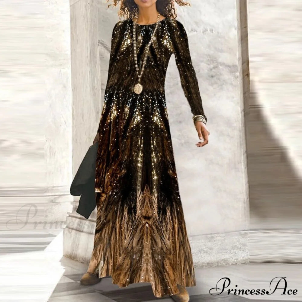 Full-Length Party Gown Long Gown Bohemian Neck Round Office Slim Lady Shiny Vintage Spring Dresses 15Yellow / S
