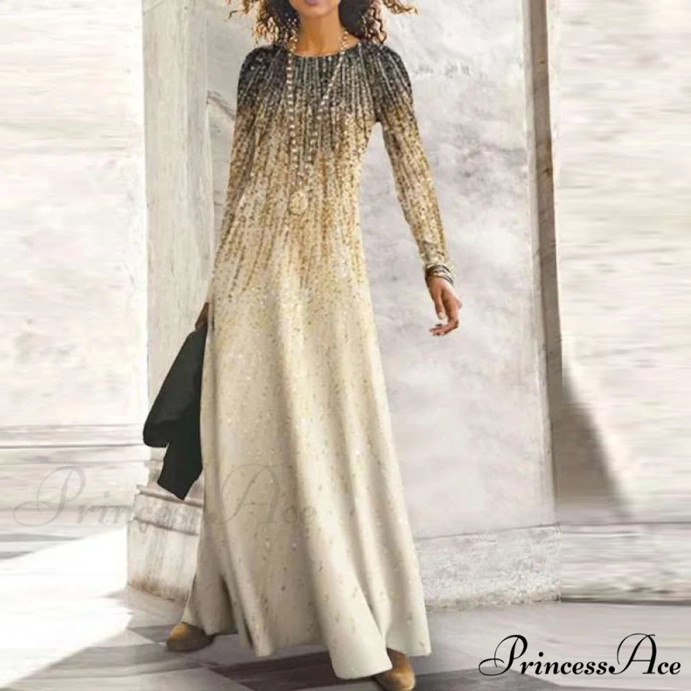 Full-Length Party Gown Long Gown Bohemian Neck Round Office Slim Lady Shiny Vintage Spring Dresses