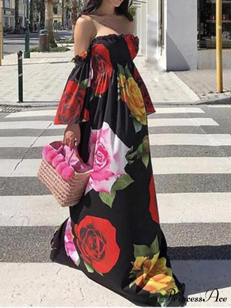Full-Length Shoulder Flowered Warm-Season Off Dress S / BLACK