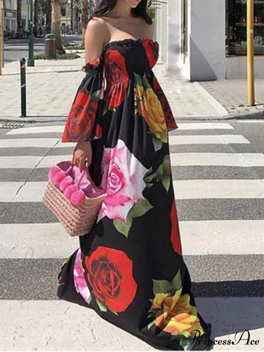 Full-Length Shoulder Flowered Warm-Season Off Dress S / BLACK