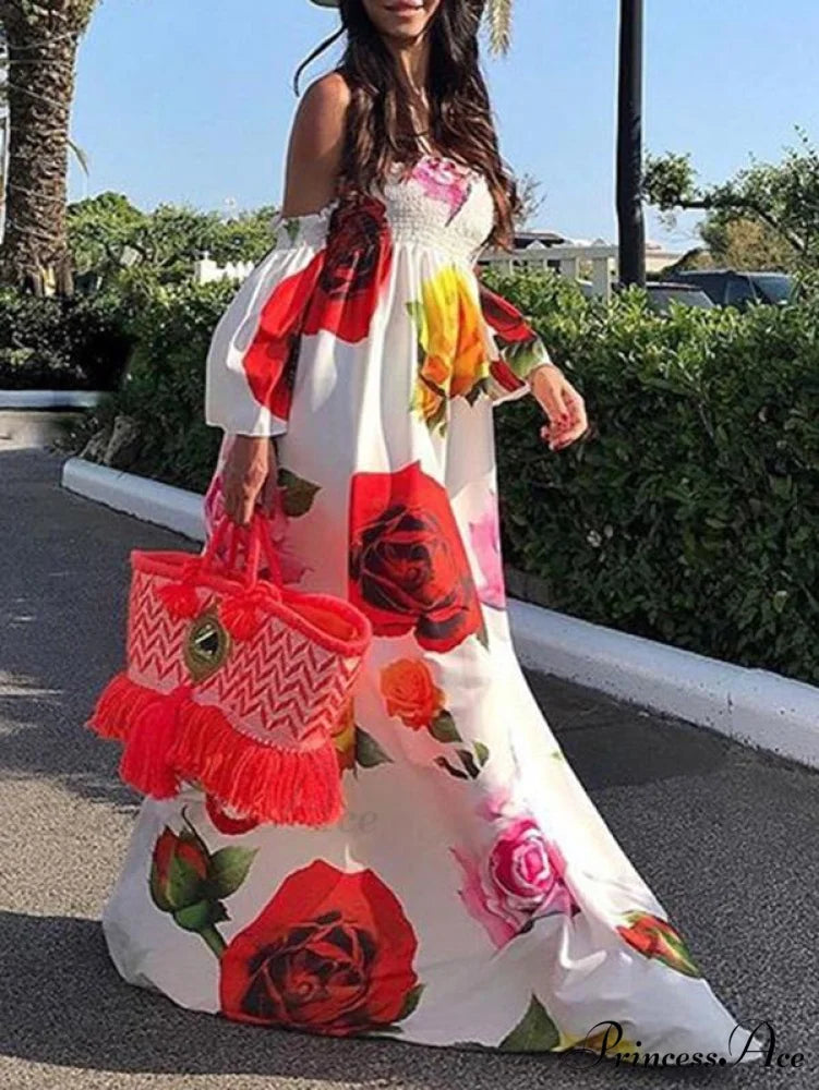 Full-Length Shoulder Flowered Warm-Season Off Dress S / WHITE