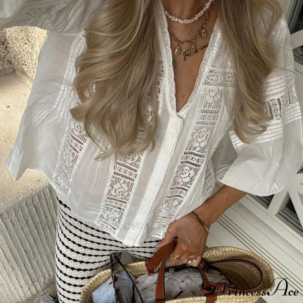 Full Sleeve Deep Neck Floral Stitching Cotton Bohemian Top bohoblouse-250126