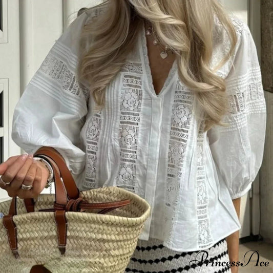 Full Sleeve Deep Neck Floral Stitching Cotton Bohemian Top WHITE / XS bohoblouse-250126