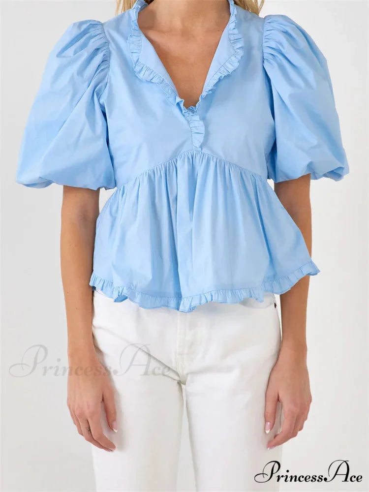 Full Sleeve Frill Trim V-neck Top blue / S blouse-250223