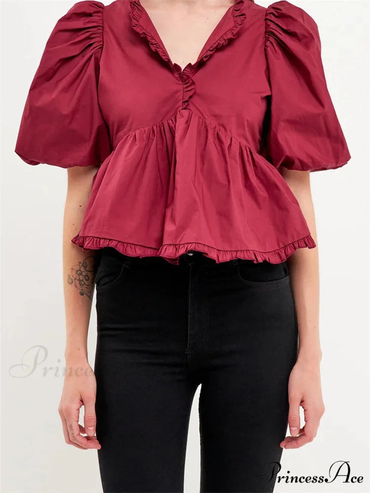 Full Sleeve Frill Trim V-neck Top dark red / S blouse-250223