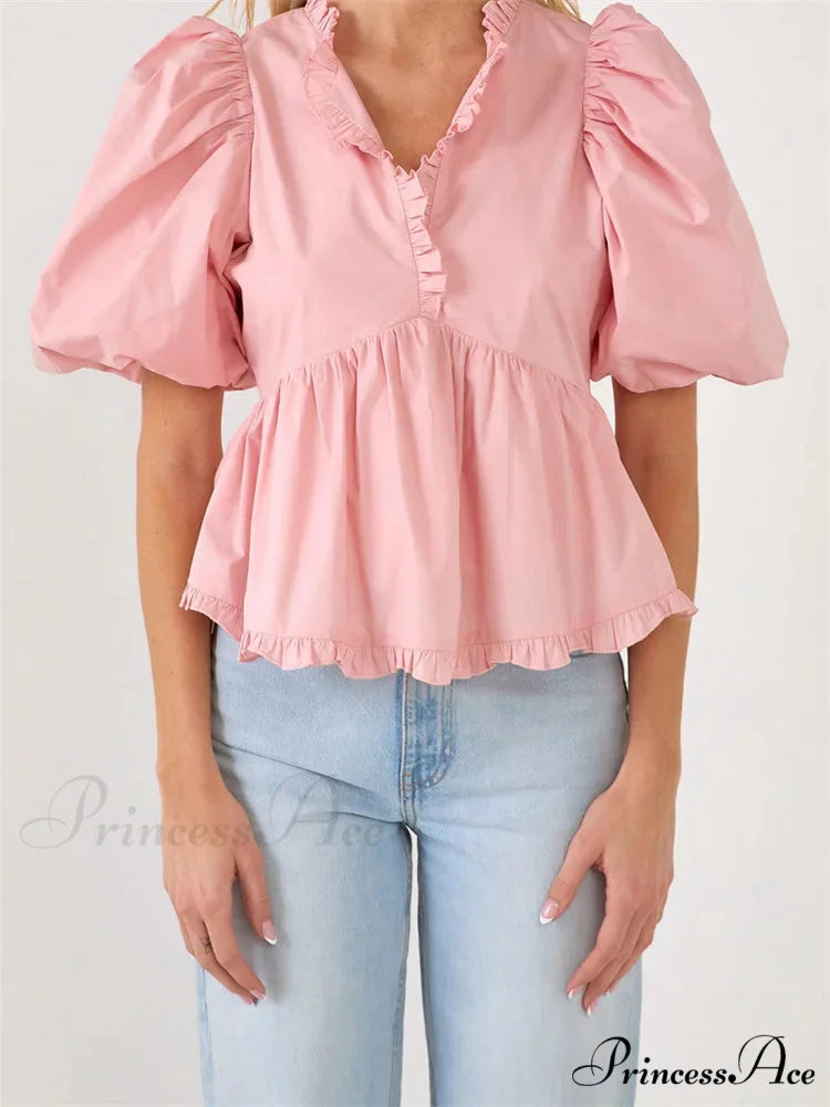 Full Sleeve Frill Trim V-neck Top pink / S blouse-250223