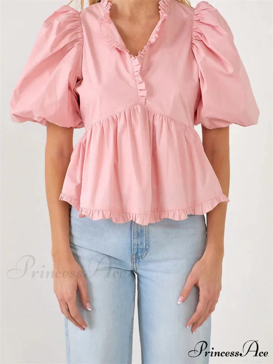 Full Sleeve Frill Trim V-neck Top pink / S blouse-250223