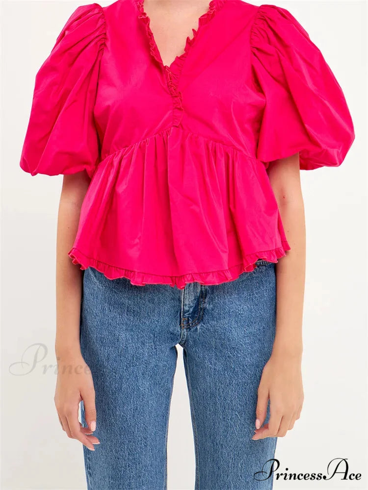 Full Sleeve Frill Trim V-neck Top rose red / S blouse-250223