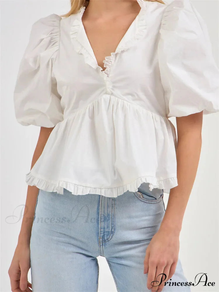 Full Sleeve Frill Trim V-neck Top white / S blouse-250223