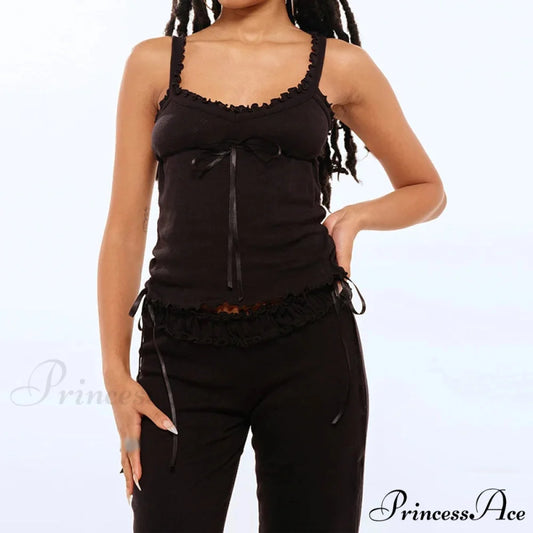 Fungal Eyelet Sleeveless Camisole Wide Leg Trousers Two Pieces Set Black / S twopiecesset-250126