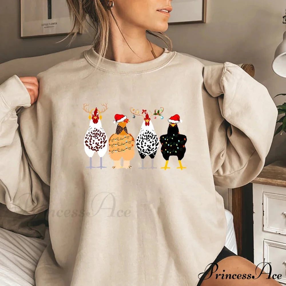Funny Chickens Animal Cute Farmer Country Farm Gift Christmas Hoodie Khaki / S Christmas Hoodies-L