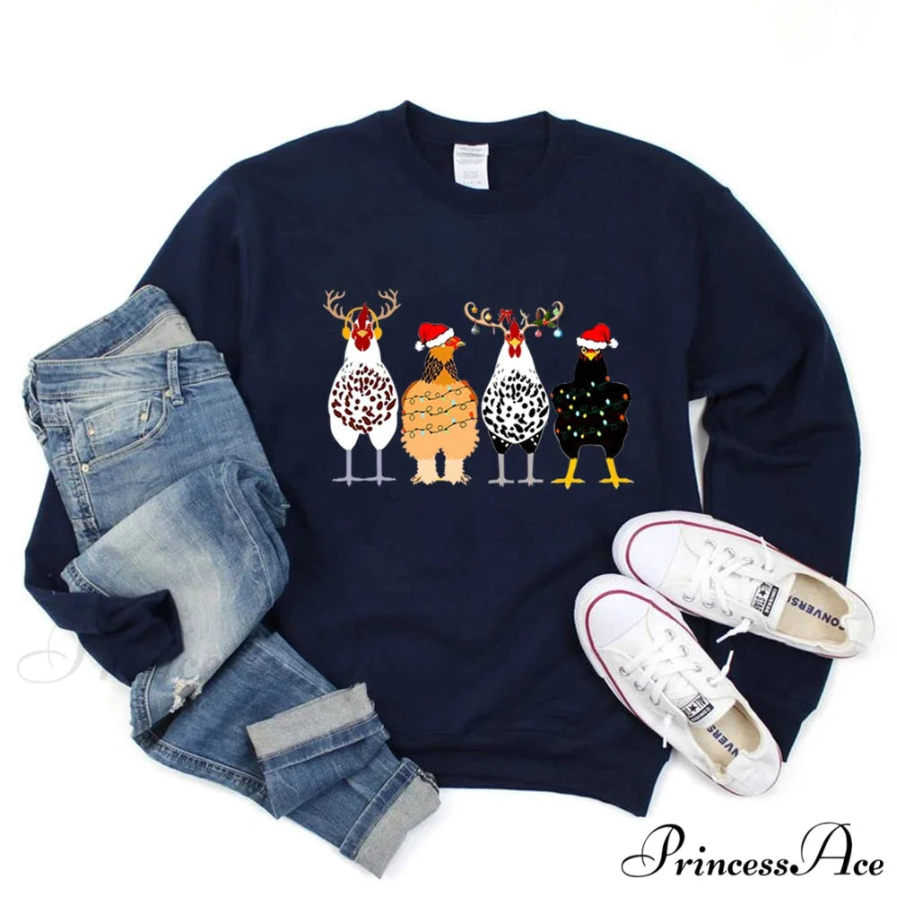 Funny Chickens Animal Cute Farmer Country Farm Gift Christmas Hoodie Navy Blue / S Christmas Hoodies-L