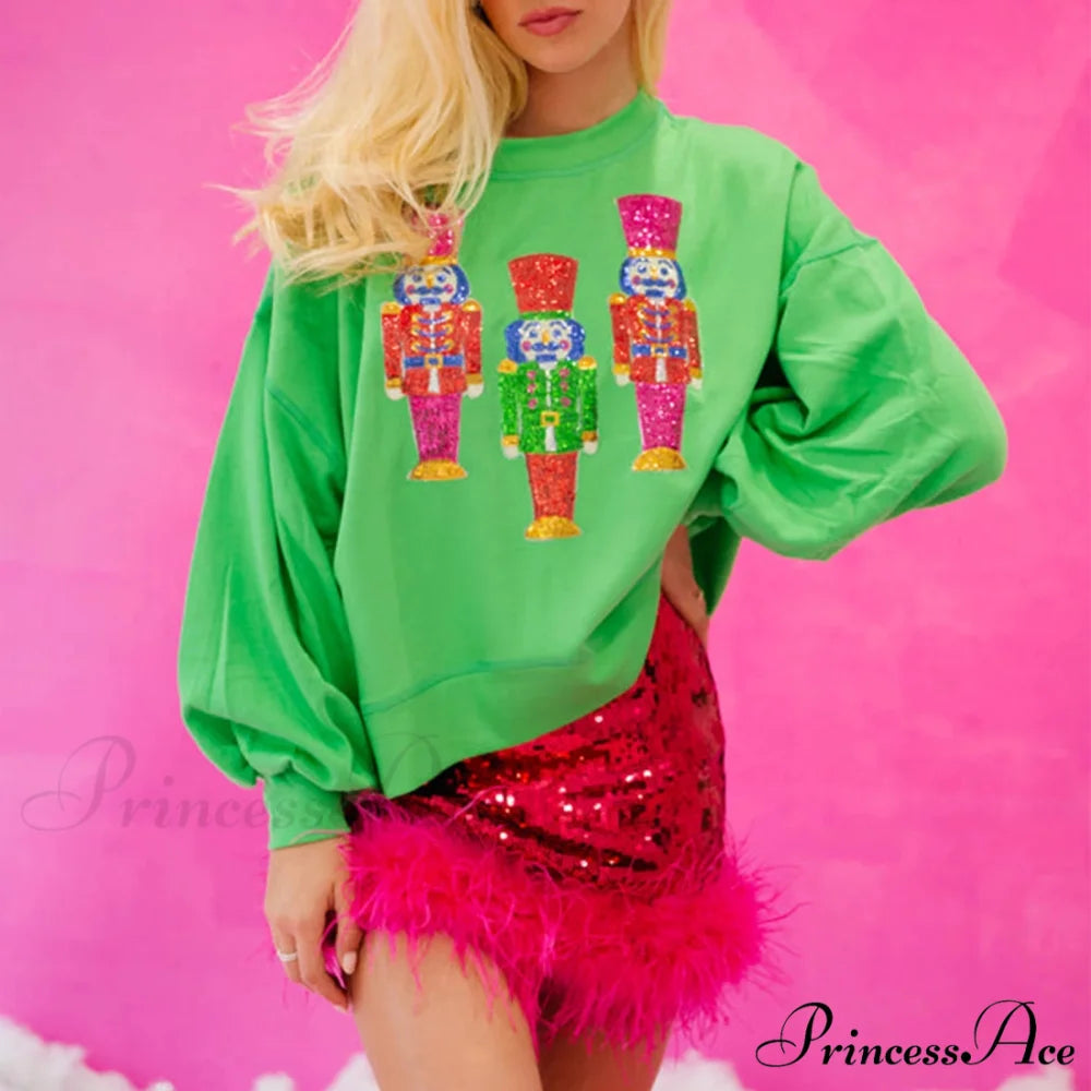 Funny Imcute Sequin Nutcracker Graphic Long Sleeve Christmas Hoodie green / S Christmas Hoodies-L