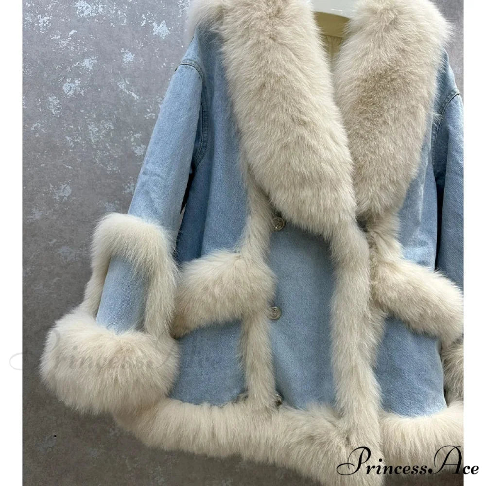Fur Collar Stylish Denim Patchwork Coat