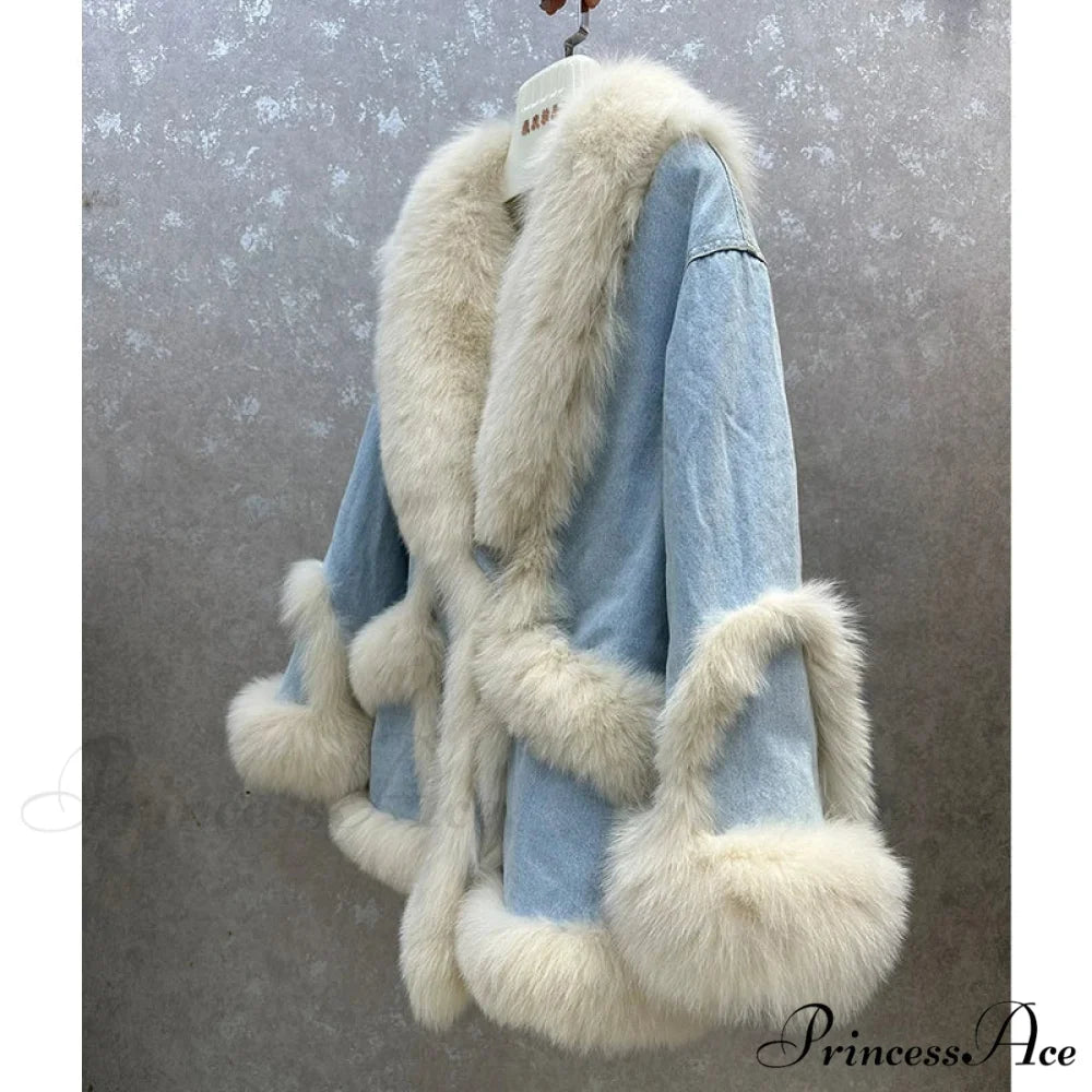 Fur Collar Stylish Denim Patchwork Coat