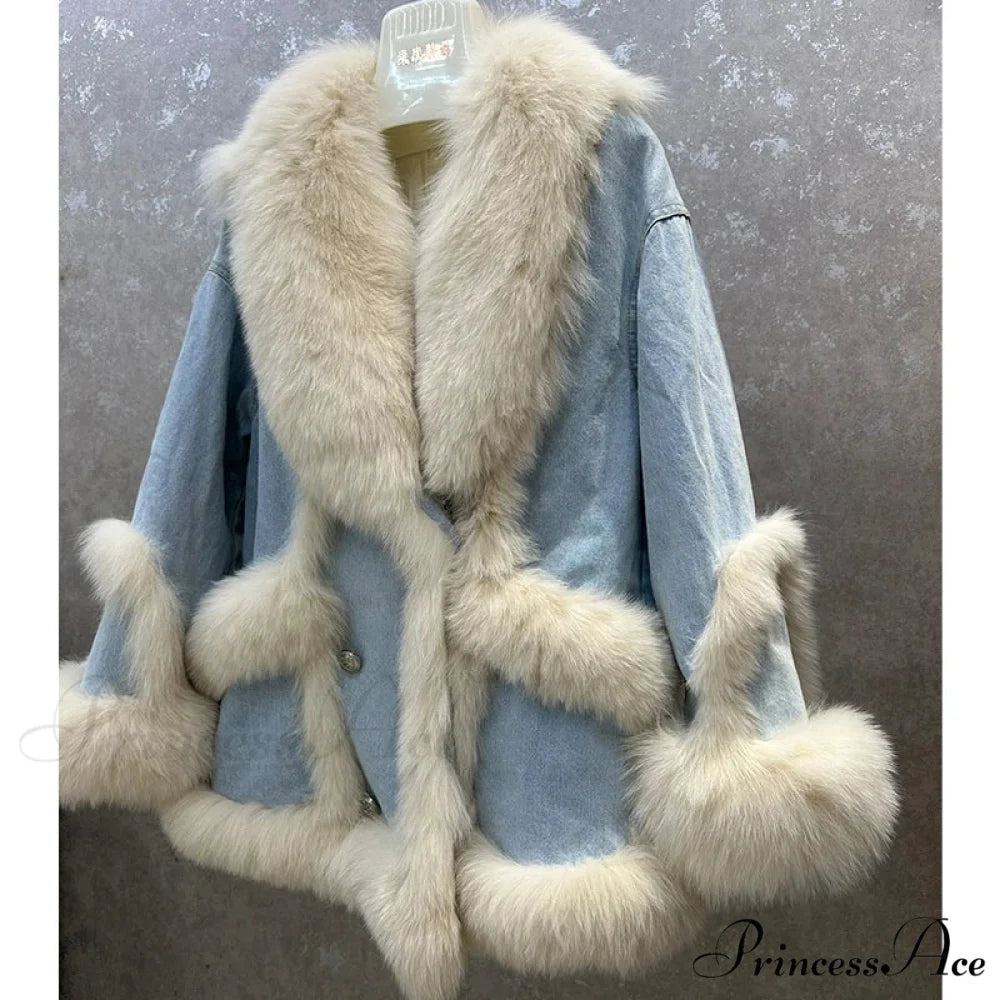 Fur Collar Stylish Denim Patchwork Coat