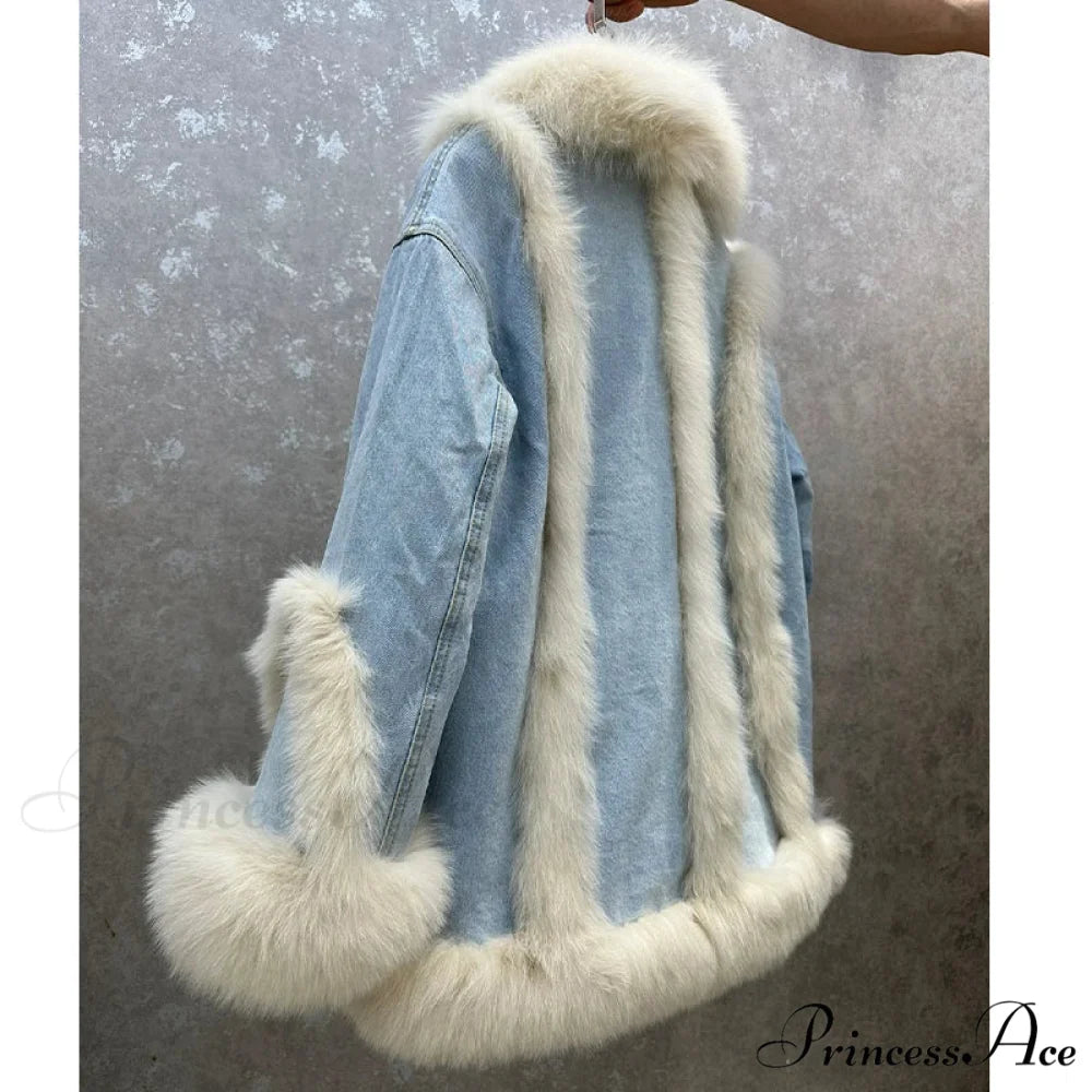 Fur Collar Stylish Denim Patchwork Coat