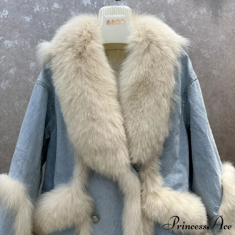 Fur Collar Stylish Denim Patchwork Coat