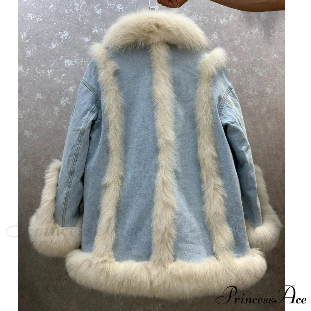 Fur Collar Stylish Denim Patchwork Coat