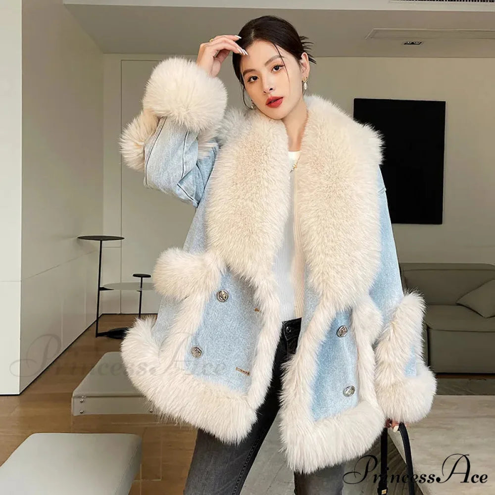 Fur Collar Stylish Denim Patchwork Coat