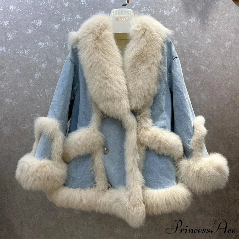 Fur Collar Stylish Denim Patchwork Coat Blue / S
