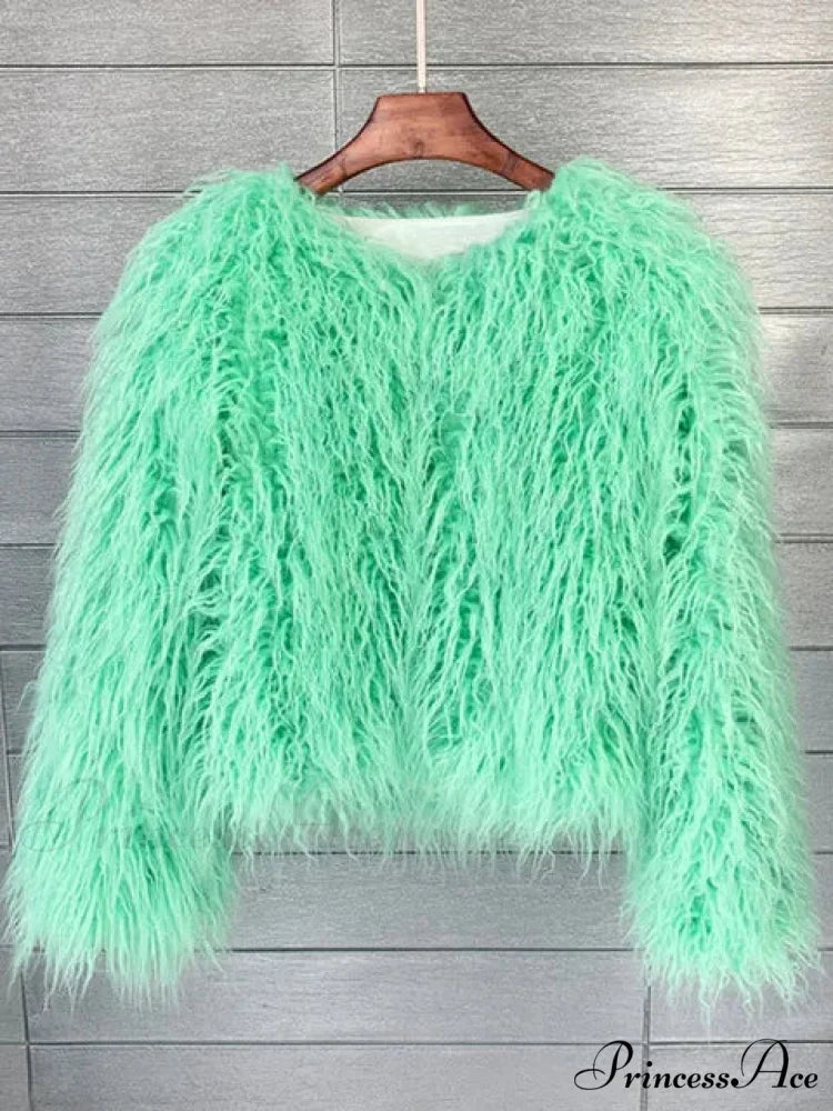 Fur Elegant Fringe Coat Light Green / S