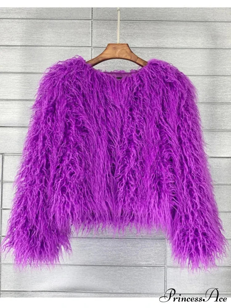 Fur Elegant Fringe Coat PURPLE / S