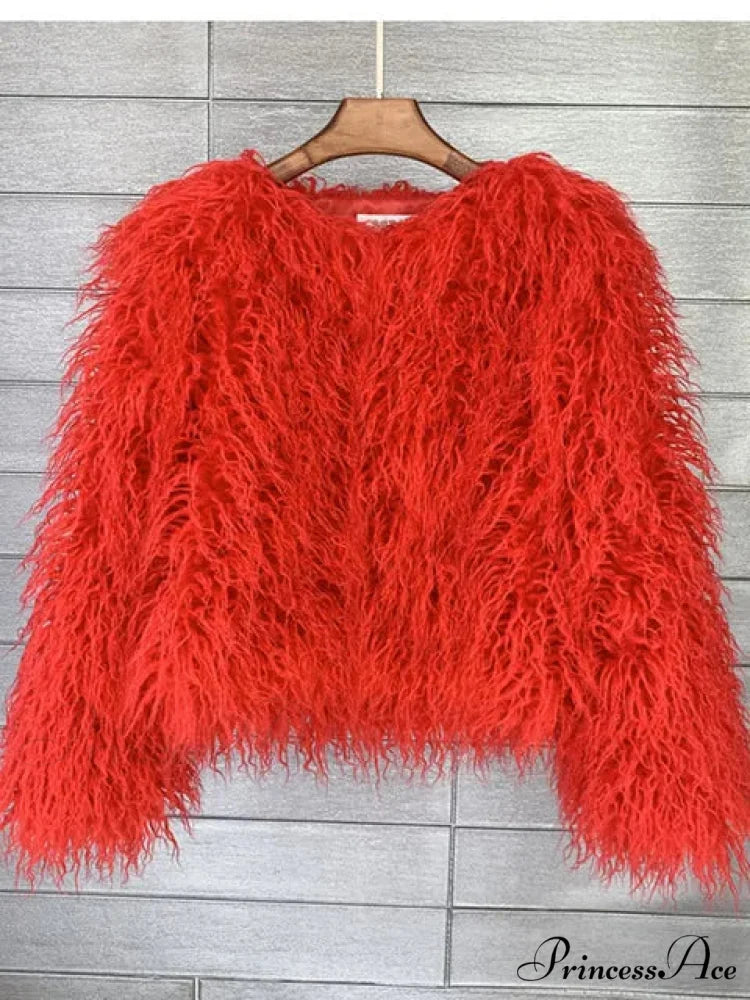 Fur Elegant Fringe Coat Red / S