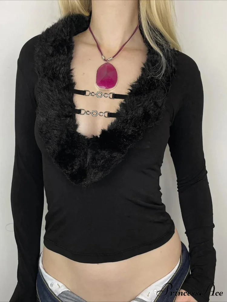 Furry Border Sleek Low-Cut Knitted Long Sleeve Knit Top Black / S knittop-250126