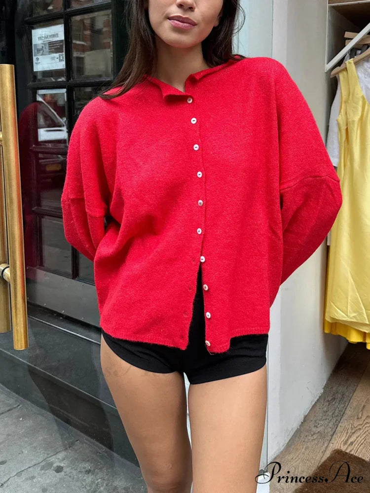 Furry Button-Front Extended Sleeve Knit Cardigan red / S cardigans-241228