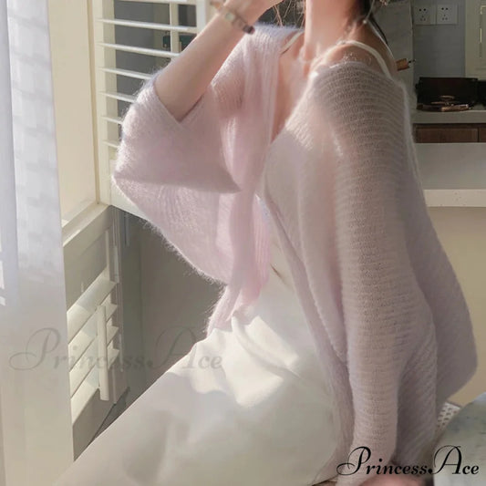 Fuzzy Knitted Sun Guard Baggy Knit Cardigan pink / One Size cardiagn-250126