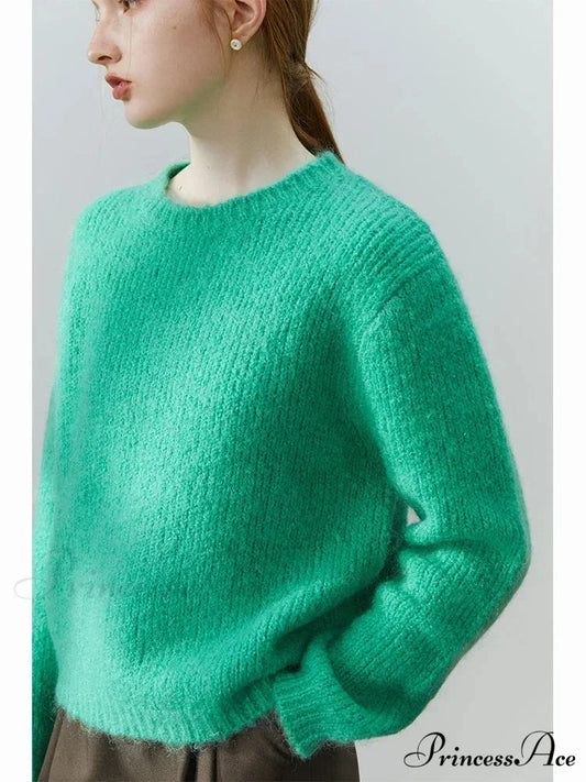 Fuzzy Relaxed Fit Circular Neck Sweater Green / S swraters-241228