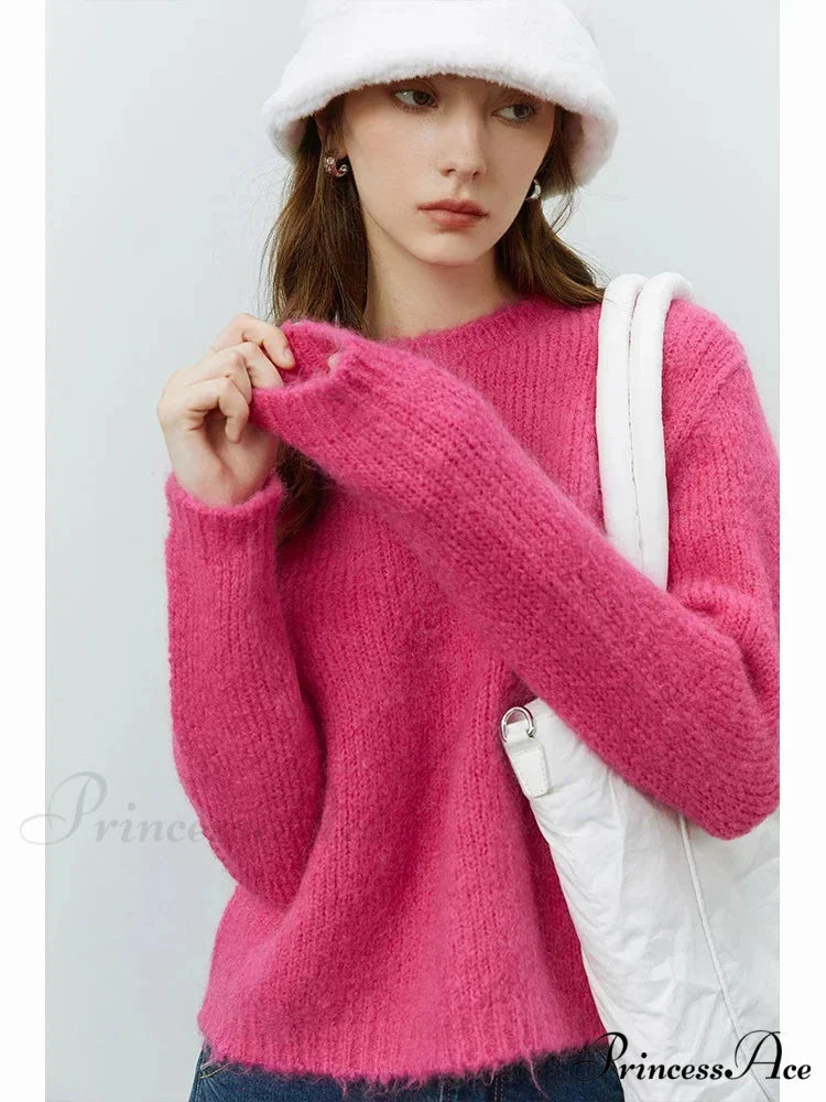 Fuzzy Relaxed Fit Circular Neck Sweater Rose Red / S swraters-241228