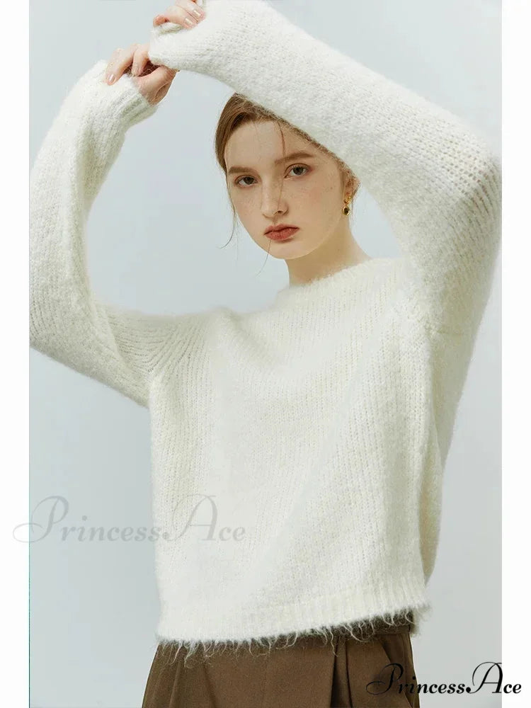 Fuzzy Relaxed Fit Circular Neck Sweater WHITE / S swraters-241228