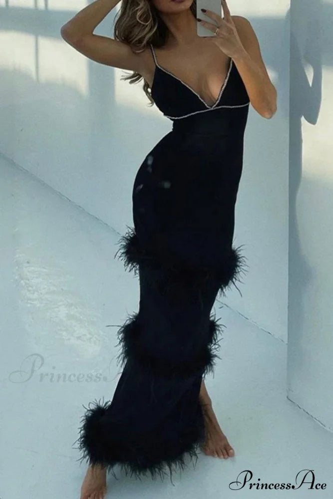 Fuzzy Tiered Cami Dress with Rhinestones Black / L