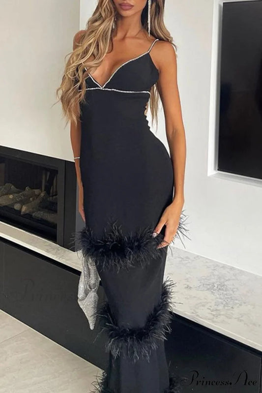 Fuzzy Tiered Cami Dress with Rhinestones Black / S