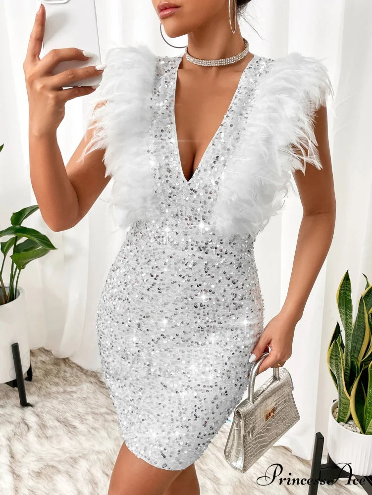 Fuzzy Trim Sequin Zip Back Bodycon Dress White / XS