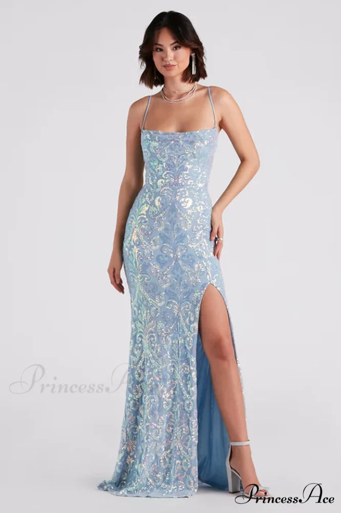 Gabrielle Formal Stylish Sequin Long Dress S / Light Blue