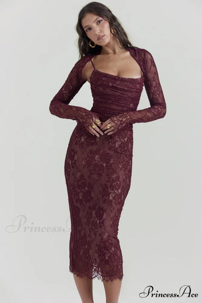 Gaia Claret Stylish Lace Midi Dress S / Wine