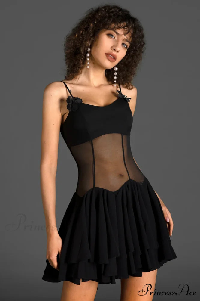 Ganili Spaghetti Sheer Charming Ruffle Mini Dress XS / Black