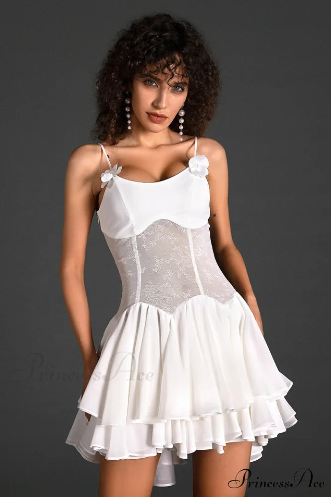 Ganili Spaghetti Sheer Charming Ruffle Mini Dress XS / White